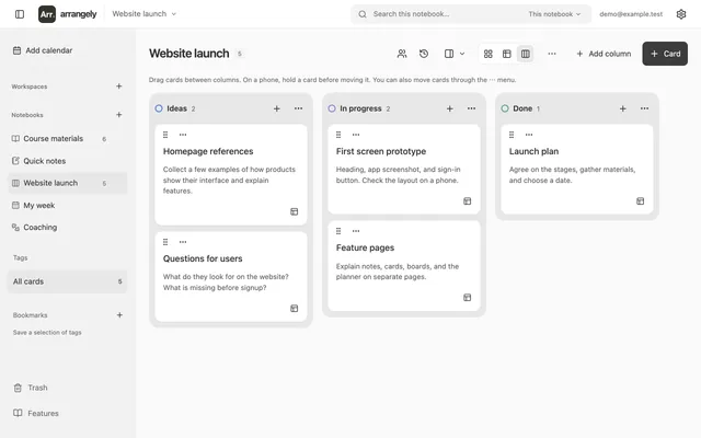 Arrangely board with website launch tasks in Ideas, In progress, and Done