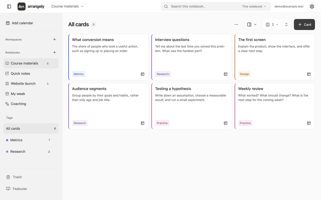 Arrangely cards with course materials, summaries, and tags