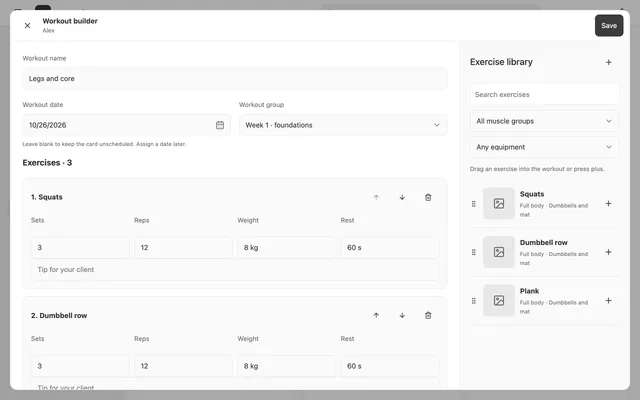 The Arrangely workout builder with exercises, sets, reps, and weights