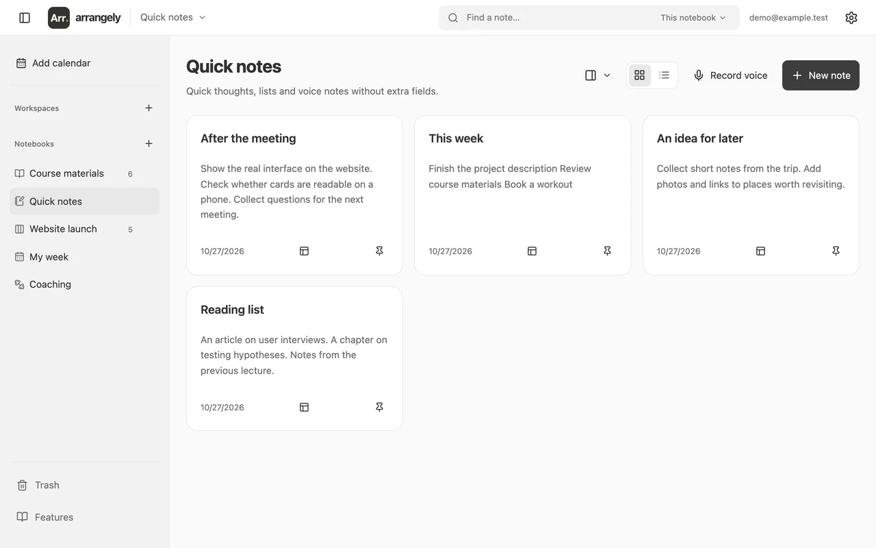 Arrangely notes with meeting notes, a weekly list, and ideas