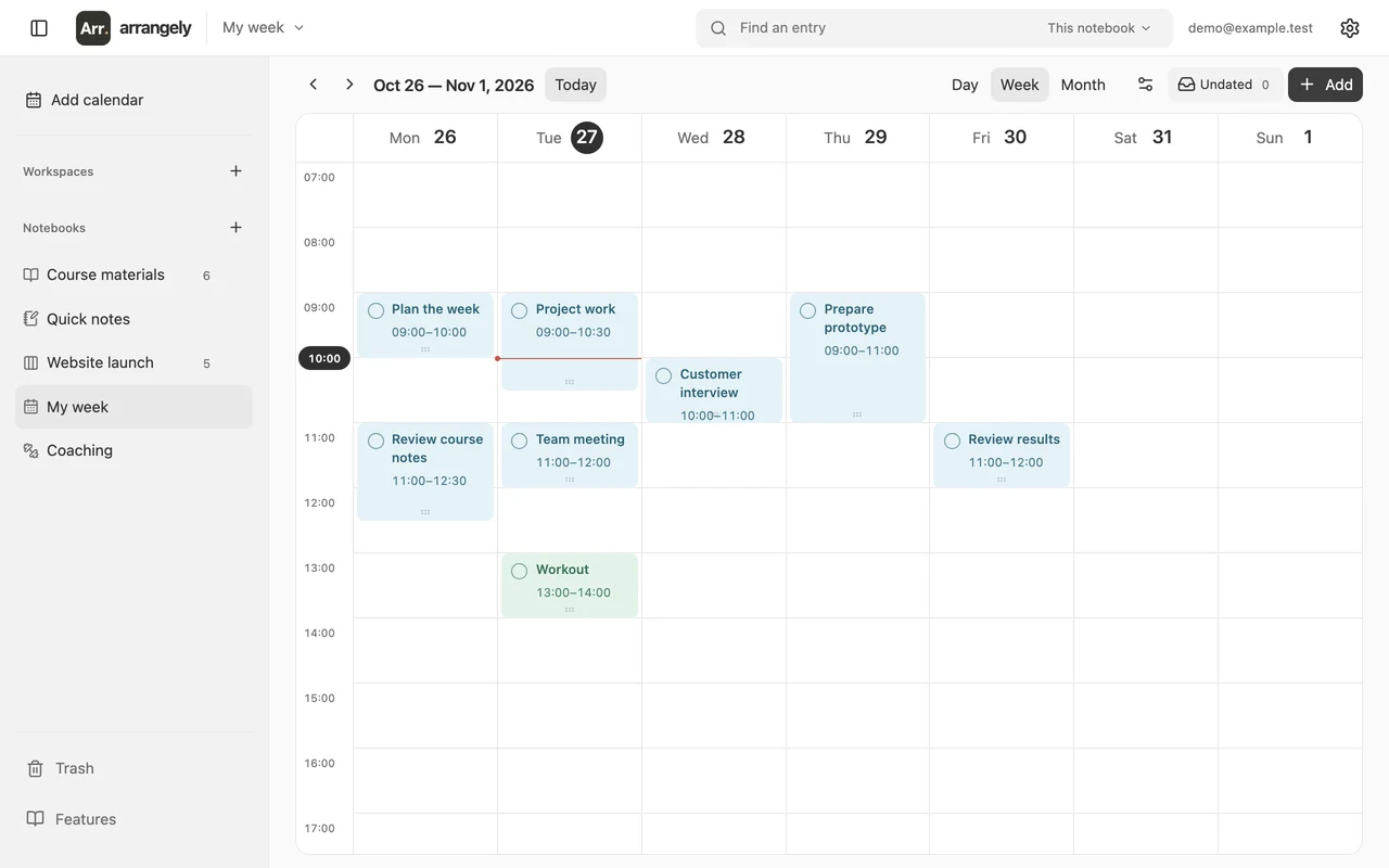 Arrangely planner with meetings, project work, and a workout on the calendar