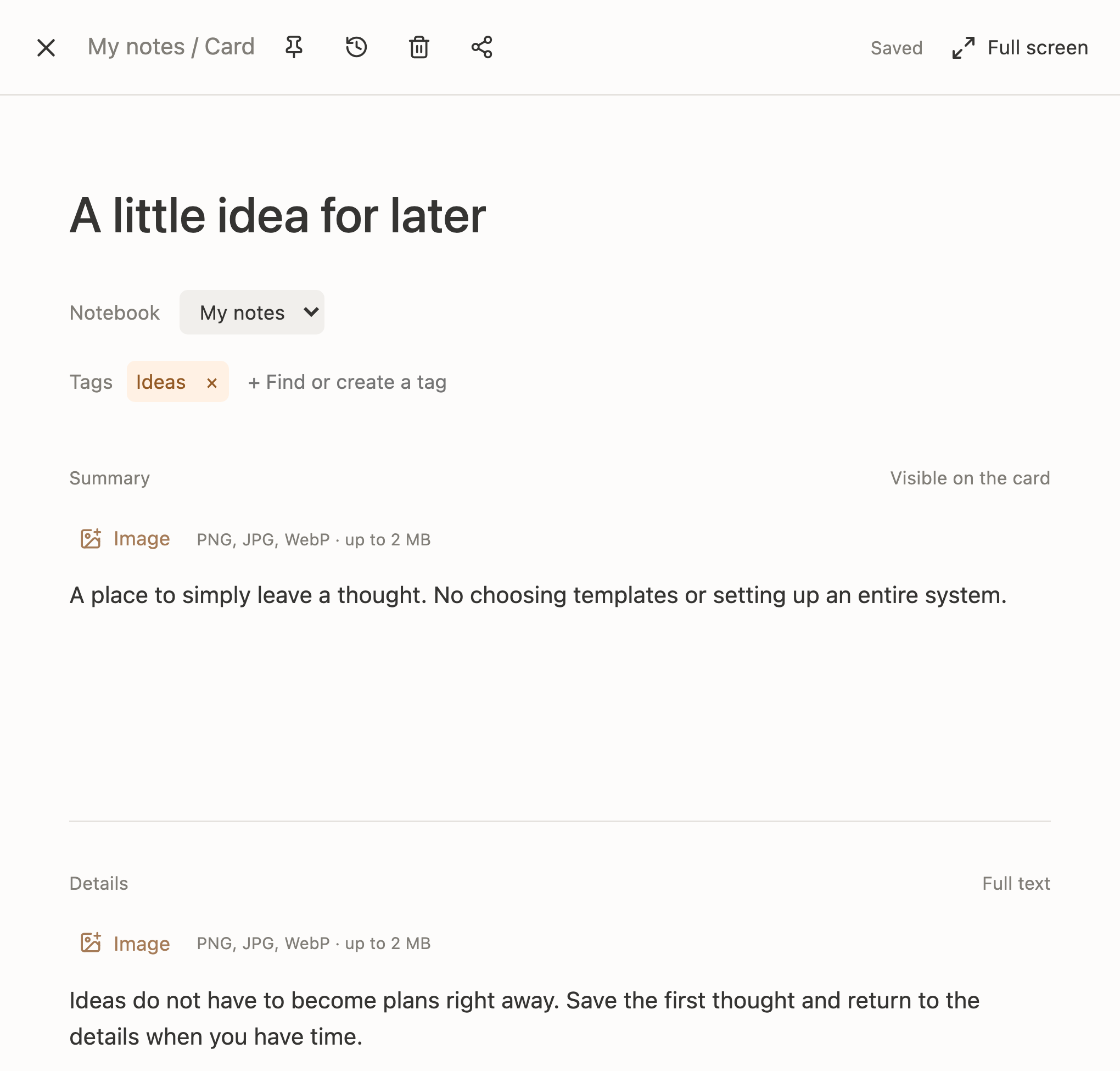 Arrangely card editor: title, notebook, tags, summary and details