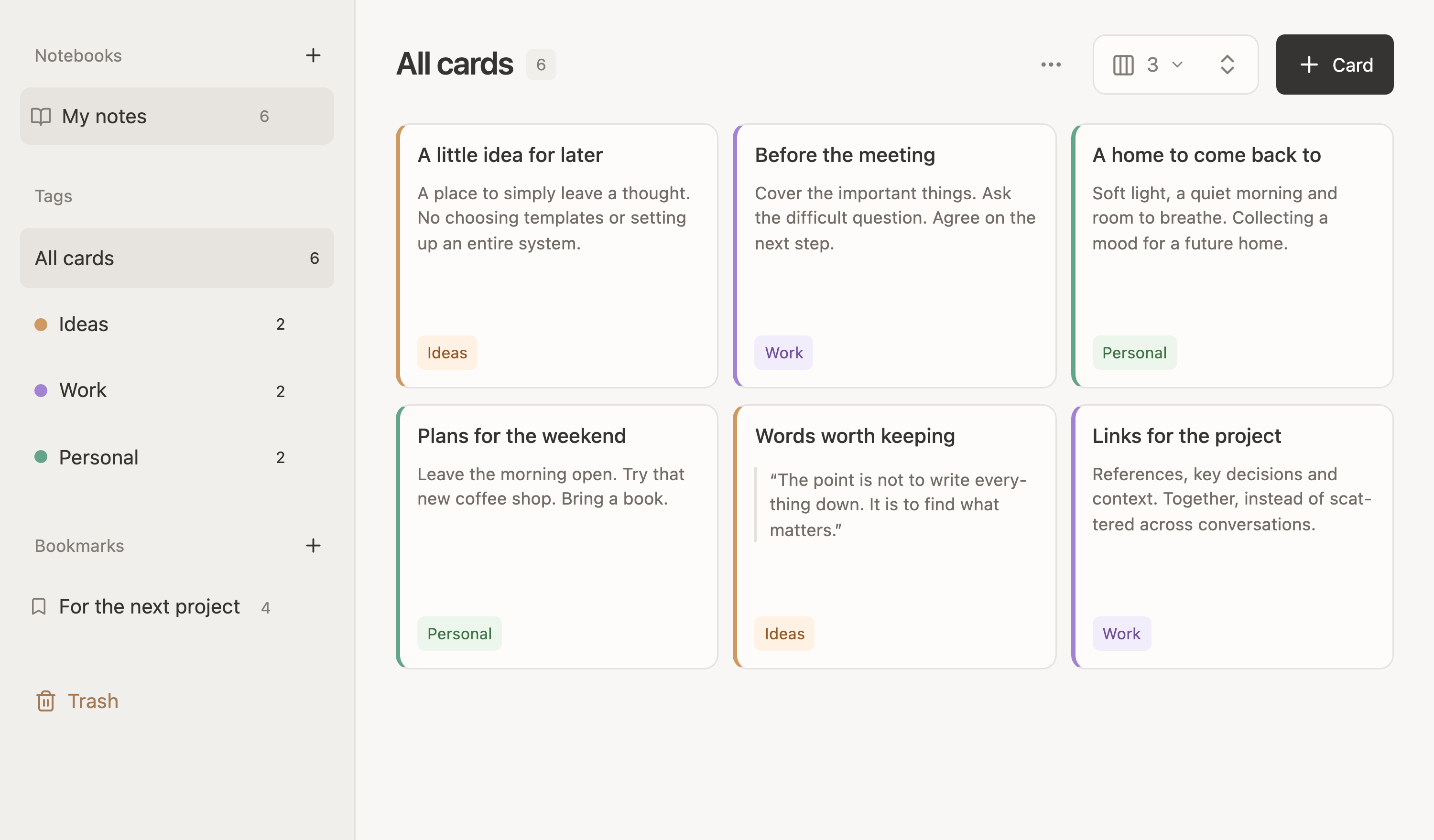 The Arrangely interface: notebooks, tags, bookmarks and cards