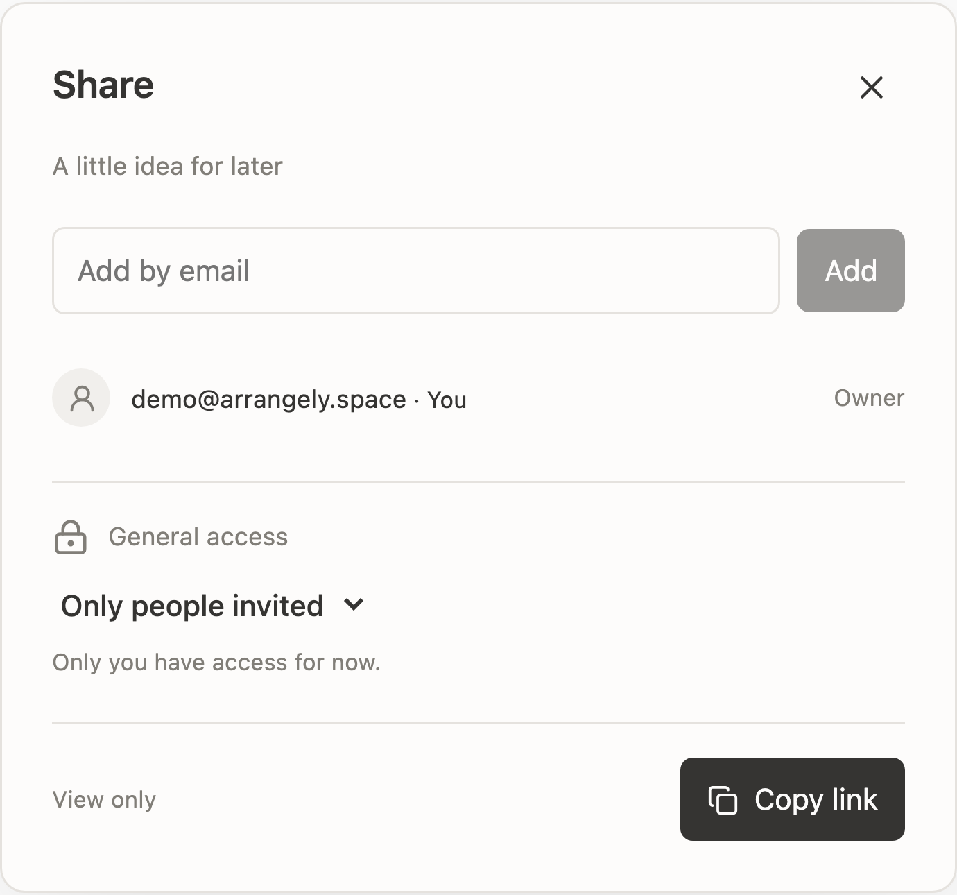 Arrangely sharing: email invitations, general access and copy link